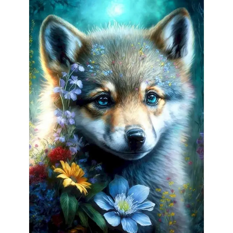 Peinture par numéro loup avec fleurs